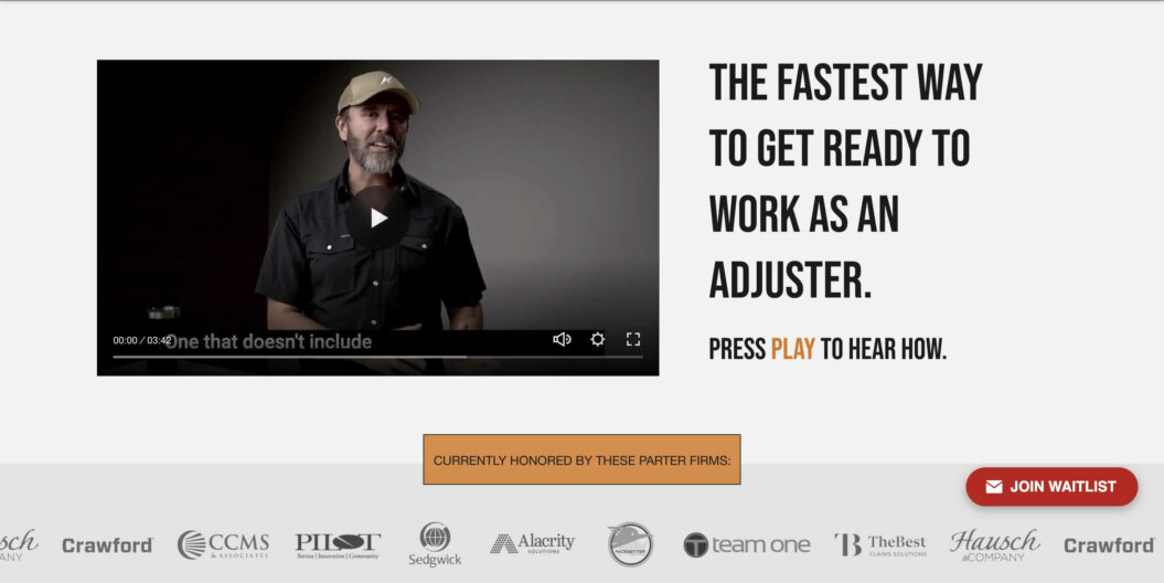 Screenshot of Adjuster TV Plus landing page, promoting the Fast Track Program cohort course.