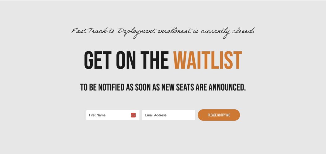 Screenshot of a landing page to sign up for the Fast Track Program waitlist.