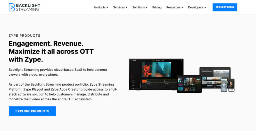 Screenshot of Backlight Streaming website homepage, including logo and navigation.