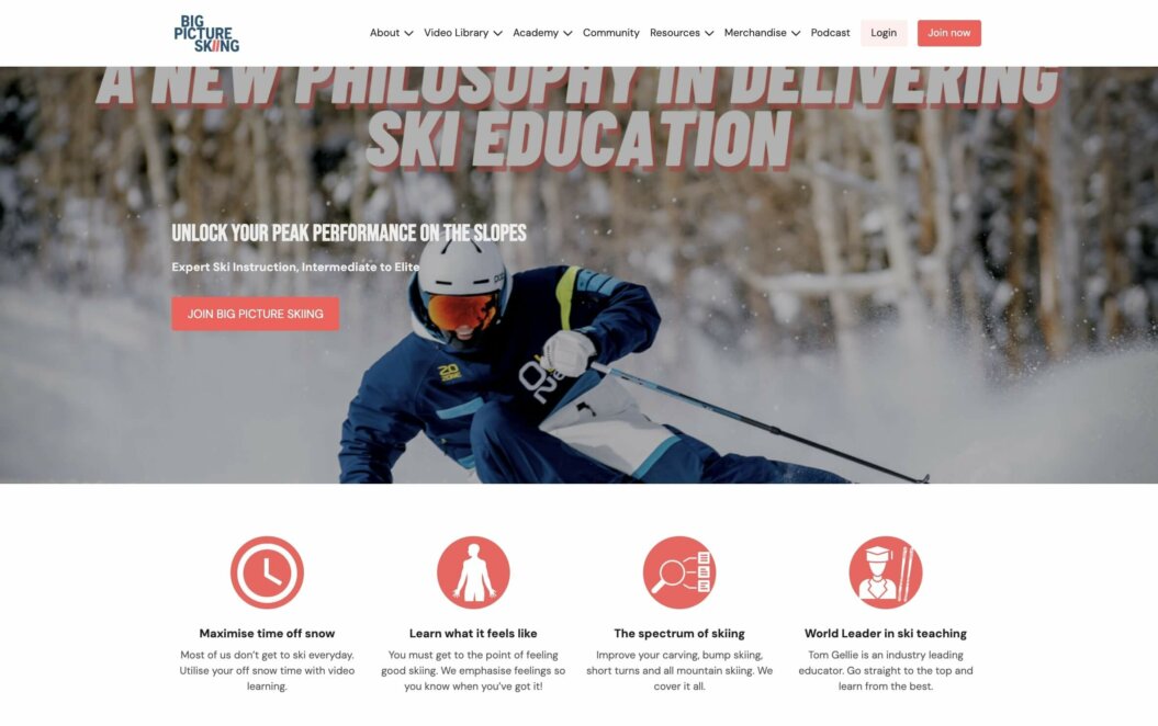 Screenshot of Tom Gellie's membership website homepage, Big Picture Skiing.