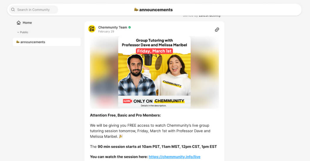 Screenshot of Chemmunity membership announcement