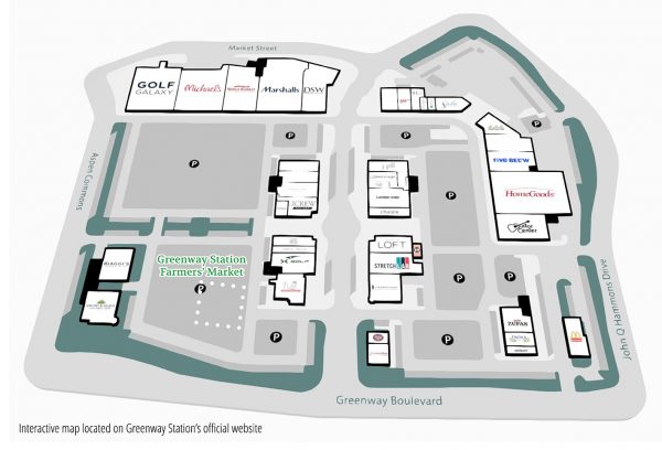 Illustrative map of greenway station shopping complex, delineating store positions like marshalls, dsw, and golf galaxy along greenway boulevard.