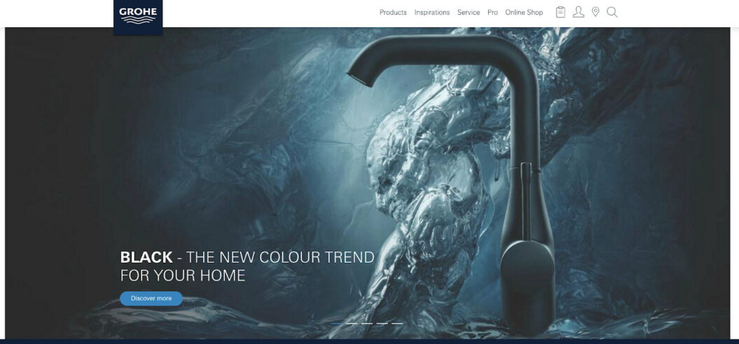 Website for the company Grohe: a homepage displaying the company's online platform, showcasing its services and information.