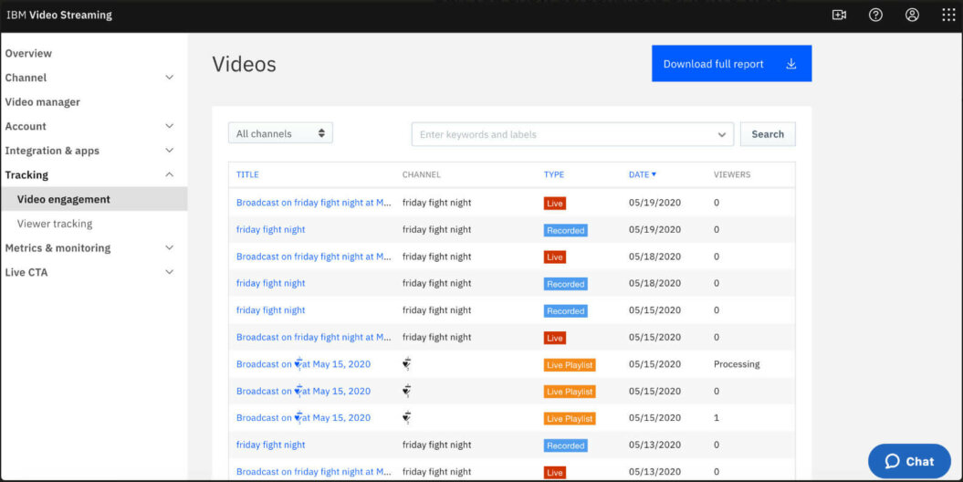 A screenshot of IBM Video Streaming dashboard displaying various tools and options.