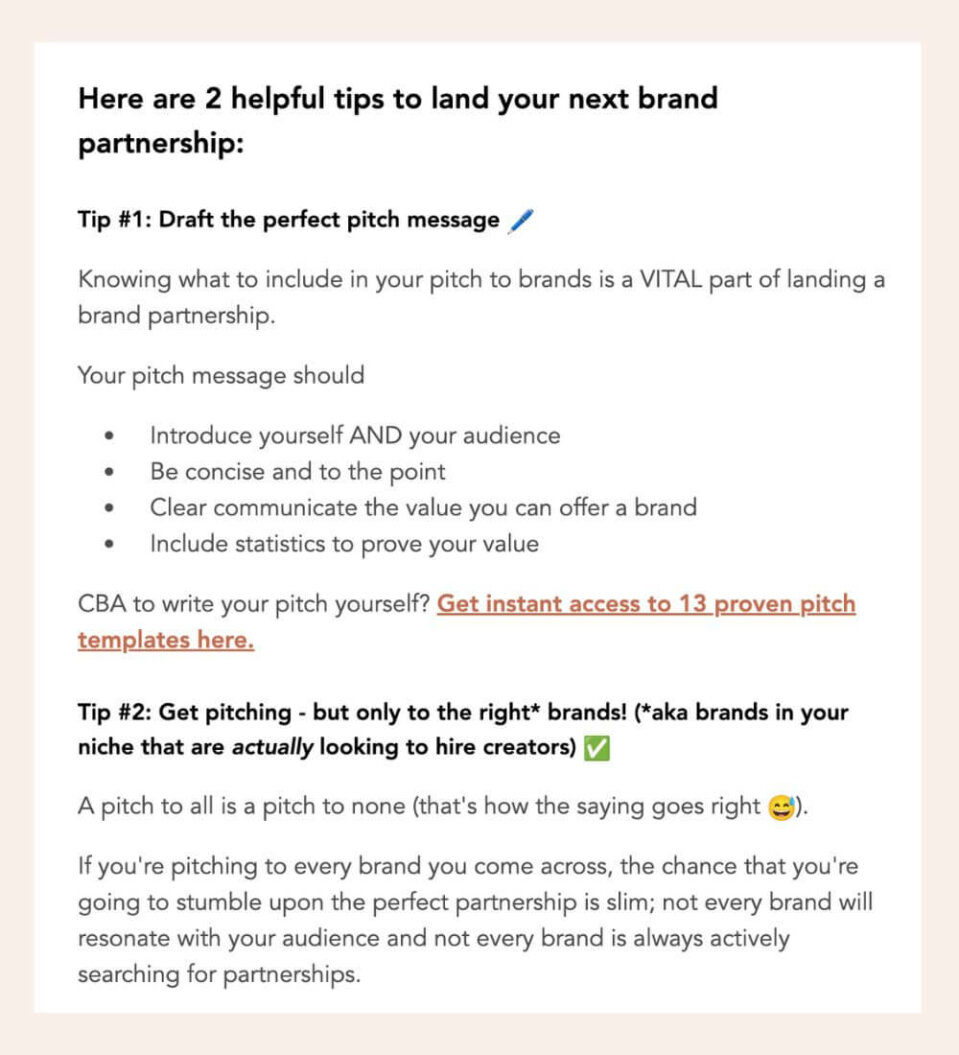 Screenshot displaying an example of Jade Beason's secondary messaging used in her email newsletter.