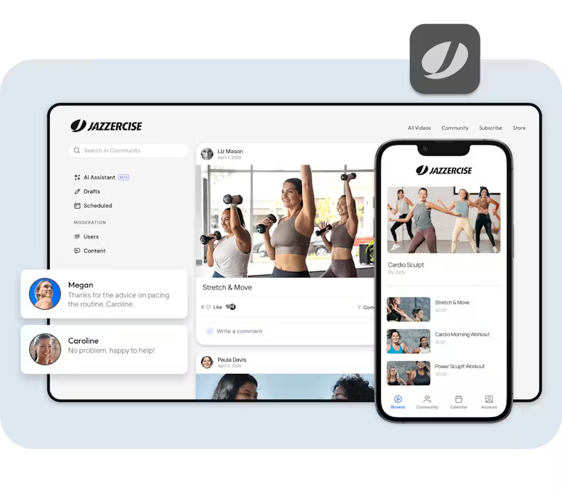 Jazzercise's membership platform where members can chat and follow along workout videos