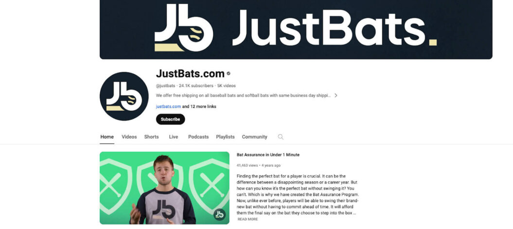 A YouTube channel named JustBats featuring baseball bat reviews, tutorials, and gameplay highlights.