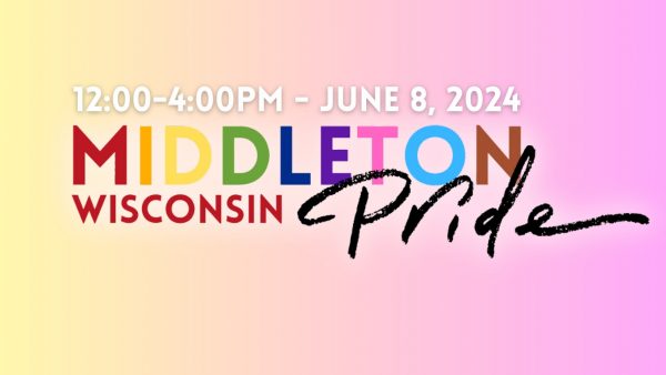 A banner with a date and time "12:00-4:00 PM - June 8, 2024," and text "Middleton Wisconsin Pride" in colorful letters against a pastel gradient background.