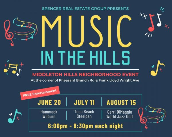 A poster for "Music in the Hills," presented by Spencer Real Estate Group. The Middleton Hills neighborhood event offers free entertainment on June 20, July 11, and August 15, from 6:00 PM to 8:30 PM.