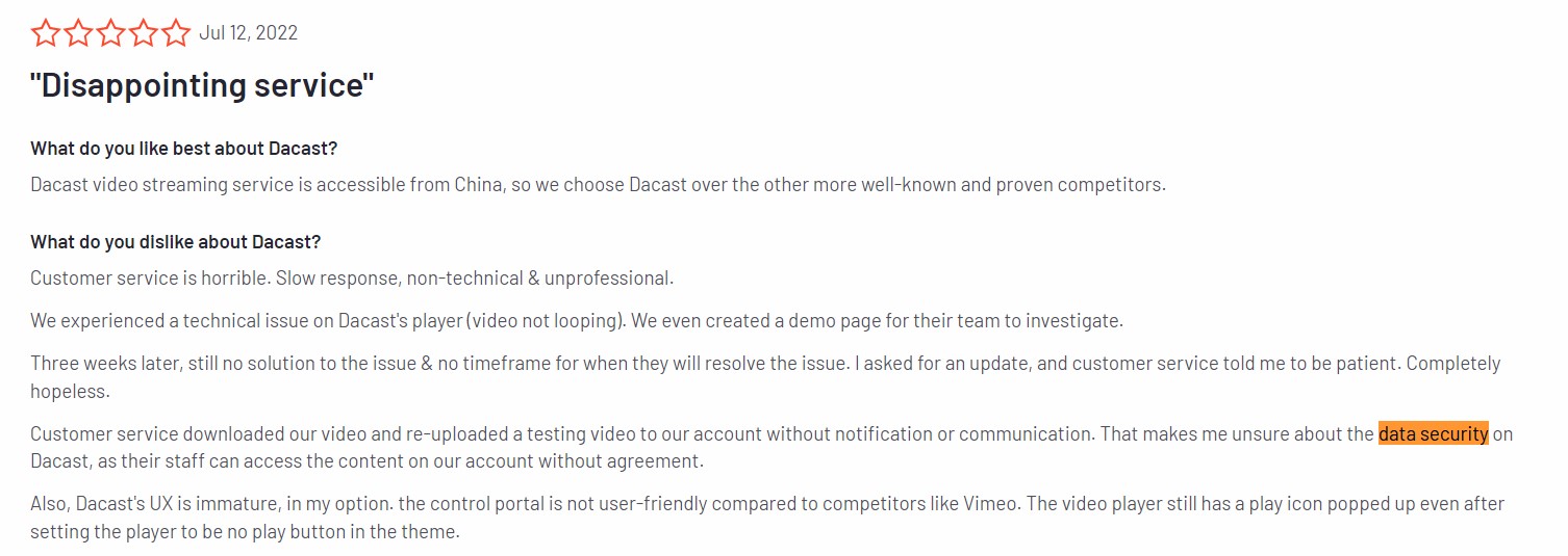 User dissatisfaction with Dacast service, citing data security and poor support