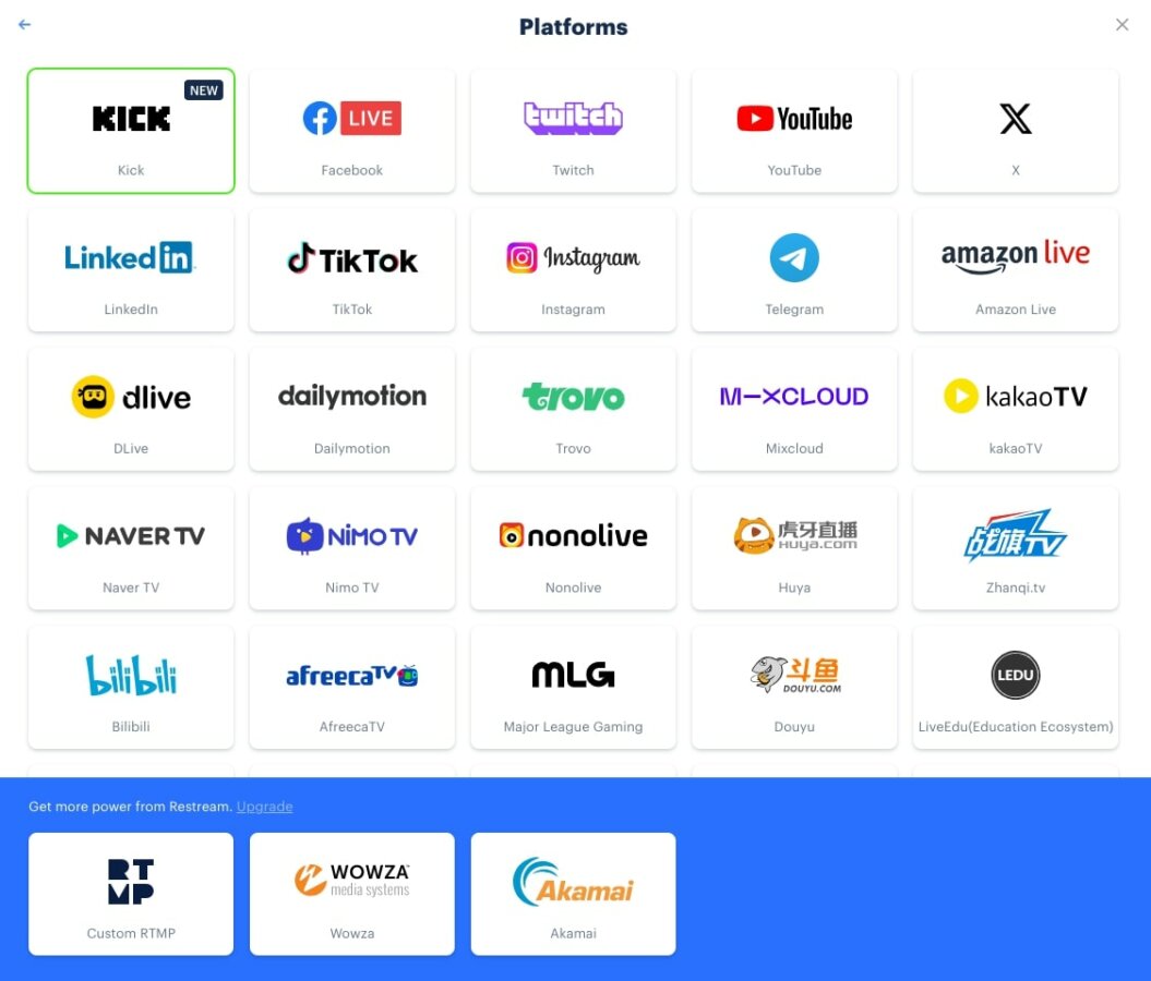 screenshot showing the channels restream offers for live streaming