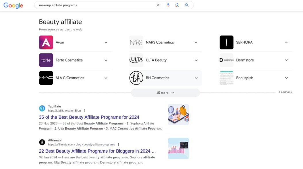 Screenshot from google showing top beauty affiliate programs