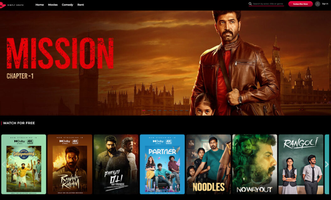 Screenshot of Simply South website, showing various movie thumbnails in typical streaming platform UI.