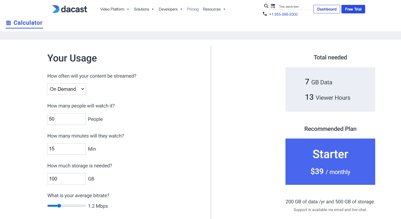 Dacast's calculator helps assess video streaming needs and suggests plans