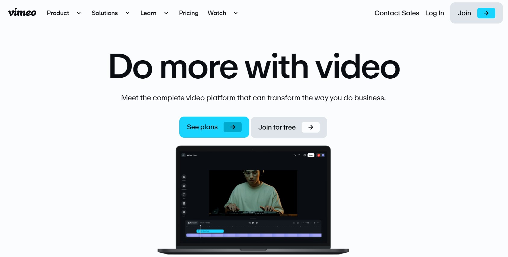 Vimeo homepage encouraging users to explore plans and join for free to transform their video business.