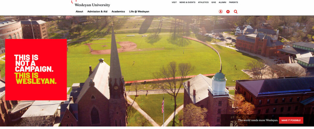 Wesleyan University website homepage displayed on a computer screen.