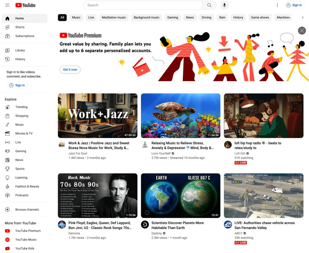 screenshot of YouTube's homepage - the most well known video monetization platform