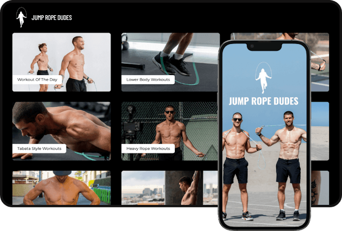 An image of the Jump Rope Dudes membership, including an image of thier video catalog and mobile app splash screen. 