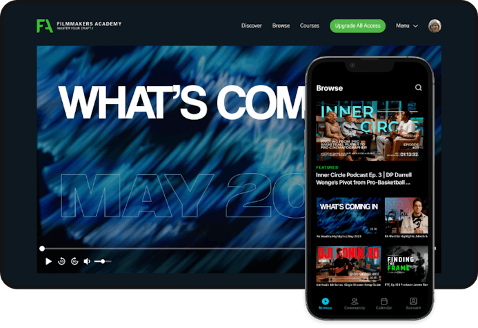 Desktop and mobile view of what the Filmmakers Academy membership platform looks like