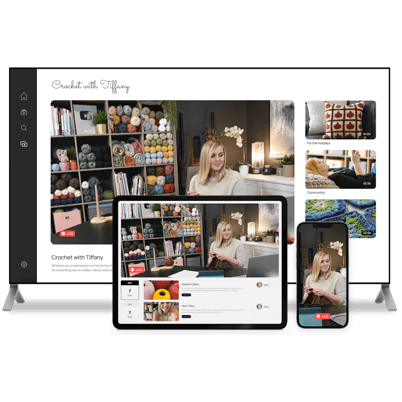 Multi-device display of 'Crochet with Tiffany' showcasing a live crocheting session with Tiffany, surrounded by colorful yarns, with additional craft tutorials and community interaction, highlighting creative education and engagement.
