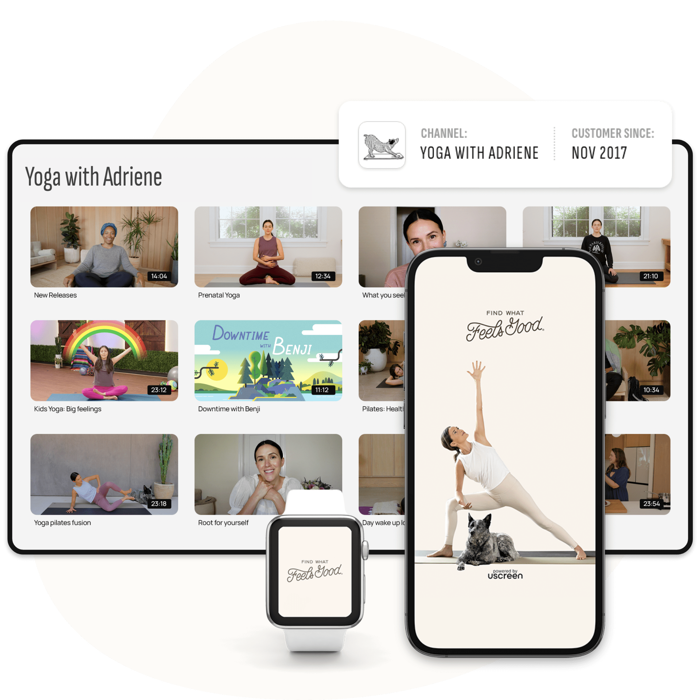 An image of Find What Feels Good, also known as Yoga With Adriene's Uscreen membership experience on a TV, a Mobile phone, and a Watch