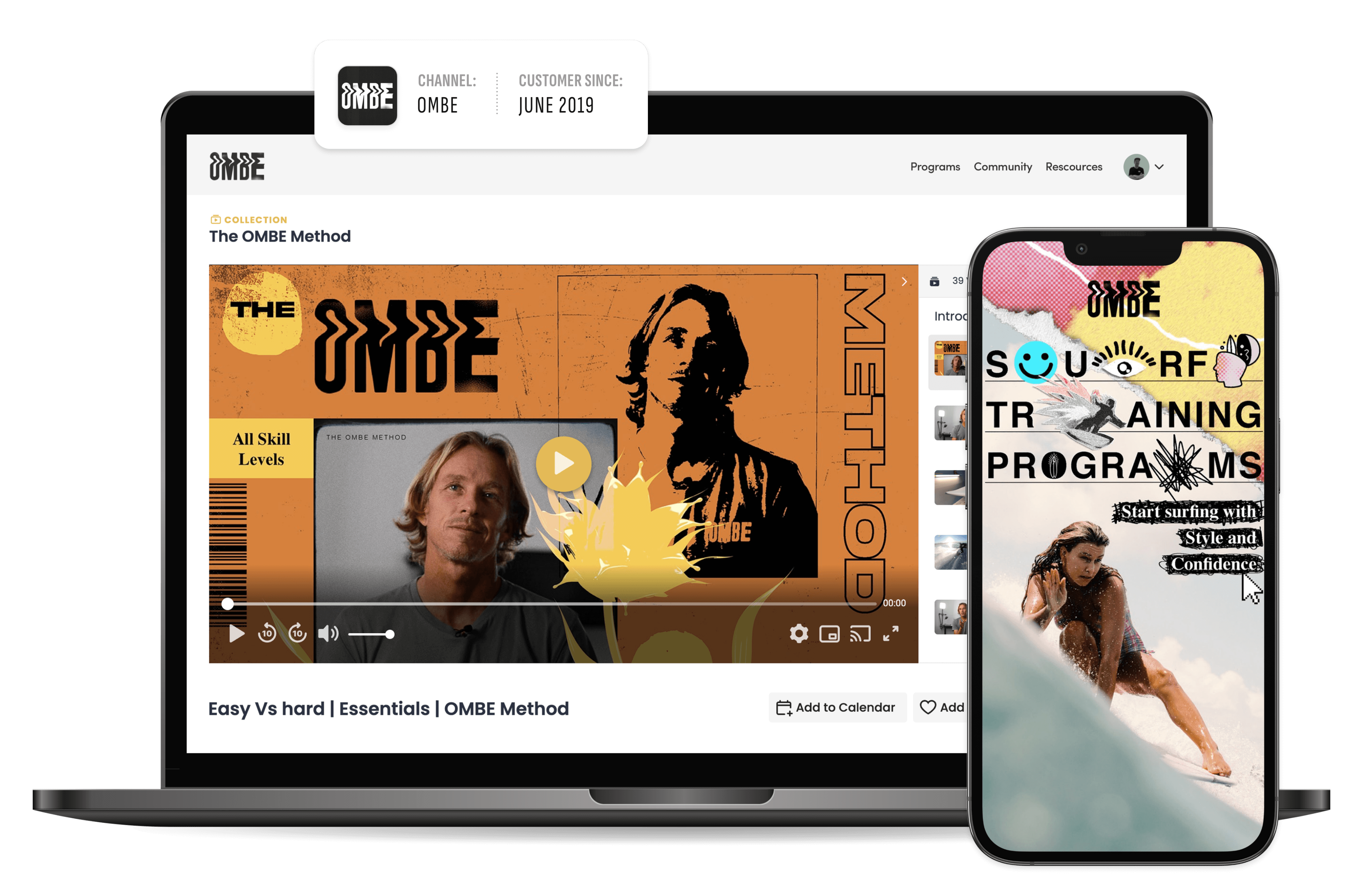 OMBE online educational platform interface displayed on a tablet and smartphone, featuring tutorial videos on surfing techniques.