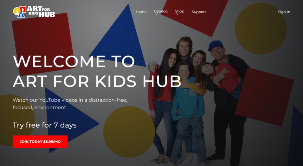 A screenshot of Art For Kids Hub website homepage.