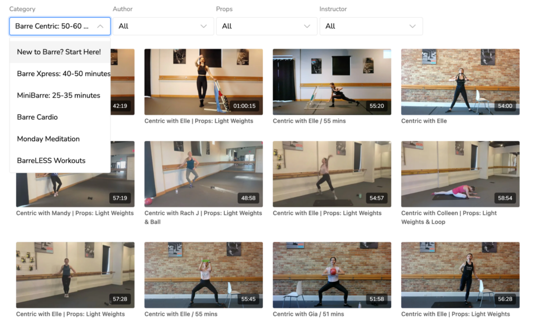 A screenshot of Barre Centric's fitness content library.