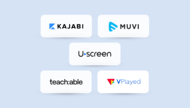 logos for the best fitness streaming platforms for fitness creates, including kajabi, uscreen, muvi, teachable and vplayed