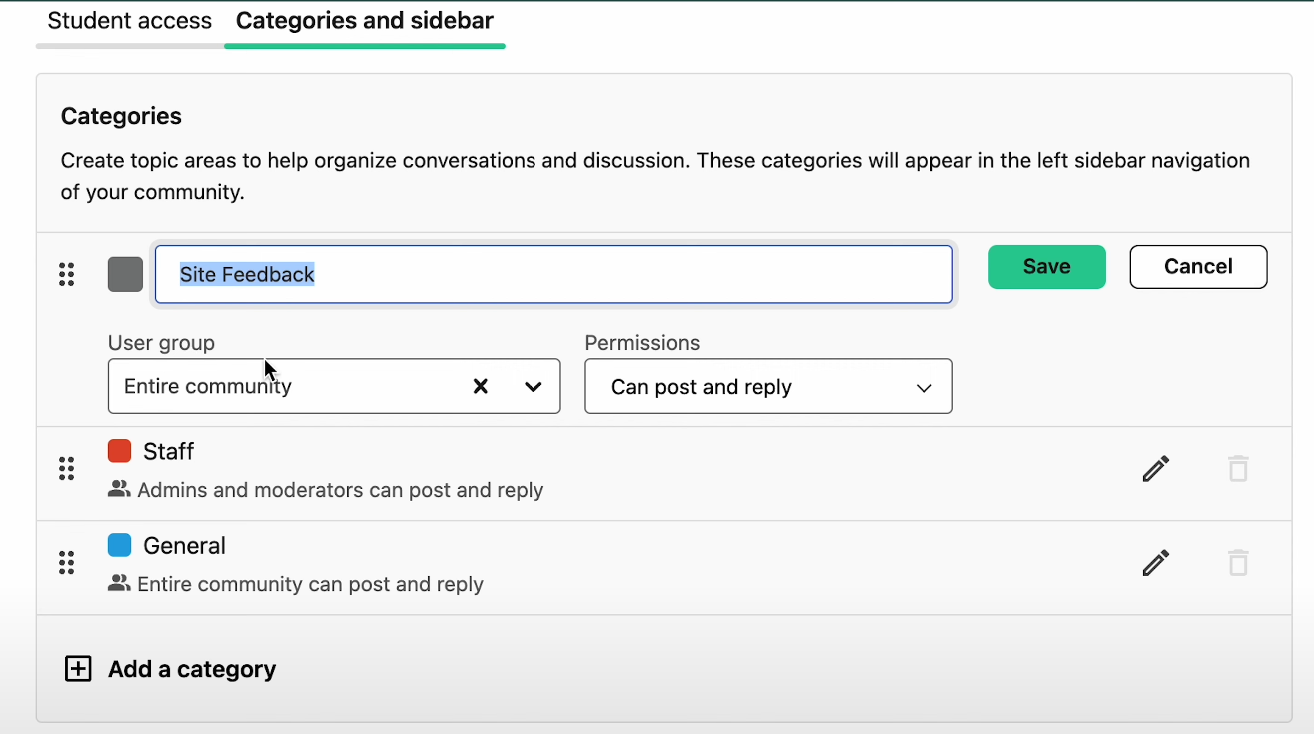 Community categories in Teachable