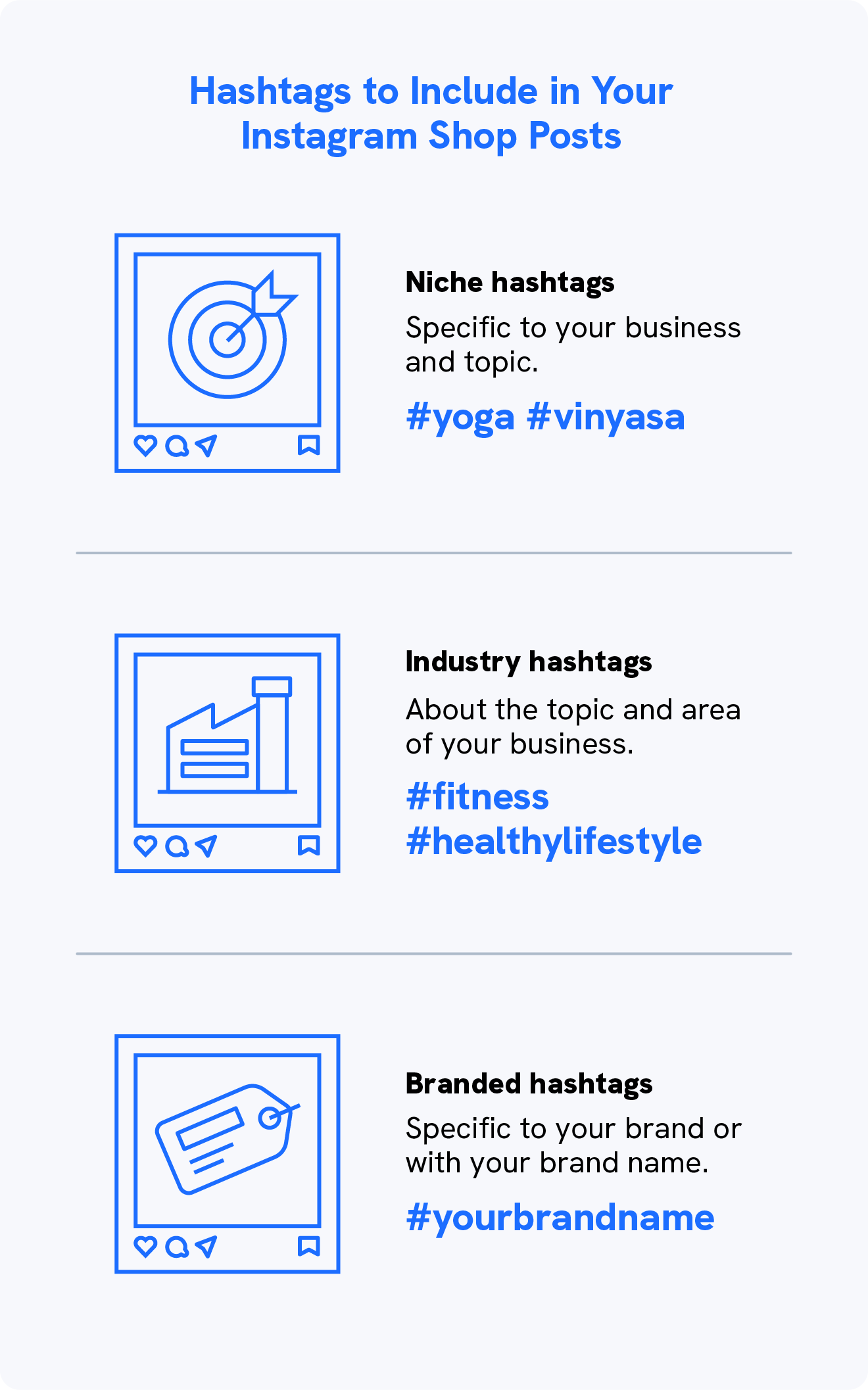 A graphic shows how to use hashtags in your Instagram shop posts.