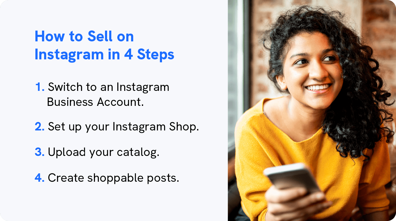 A graphic shows how to sell on Instagram in 4 steps.