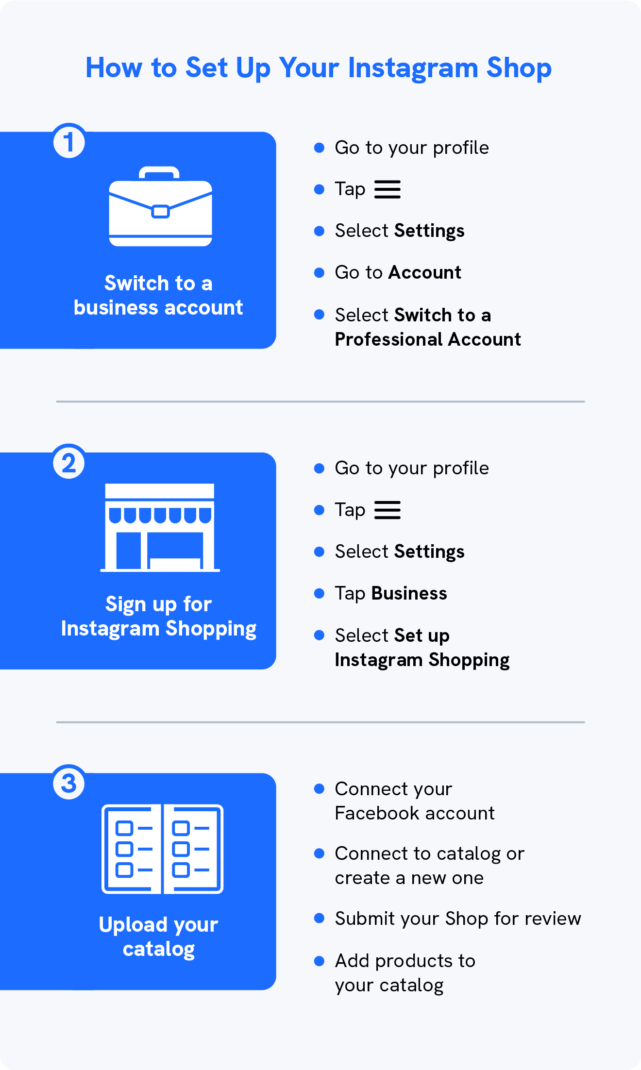 A graphic shows how to set up your Instagram shop.