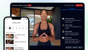 Image of fitness content creator live streaming on desktop and mobile.