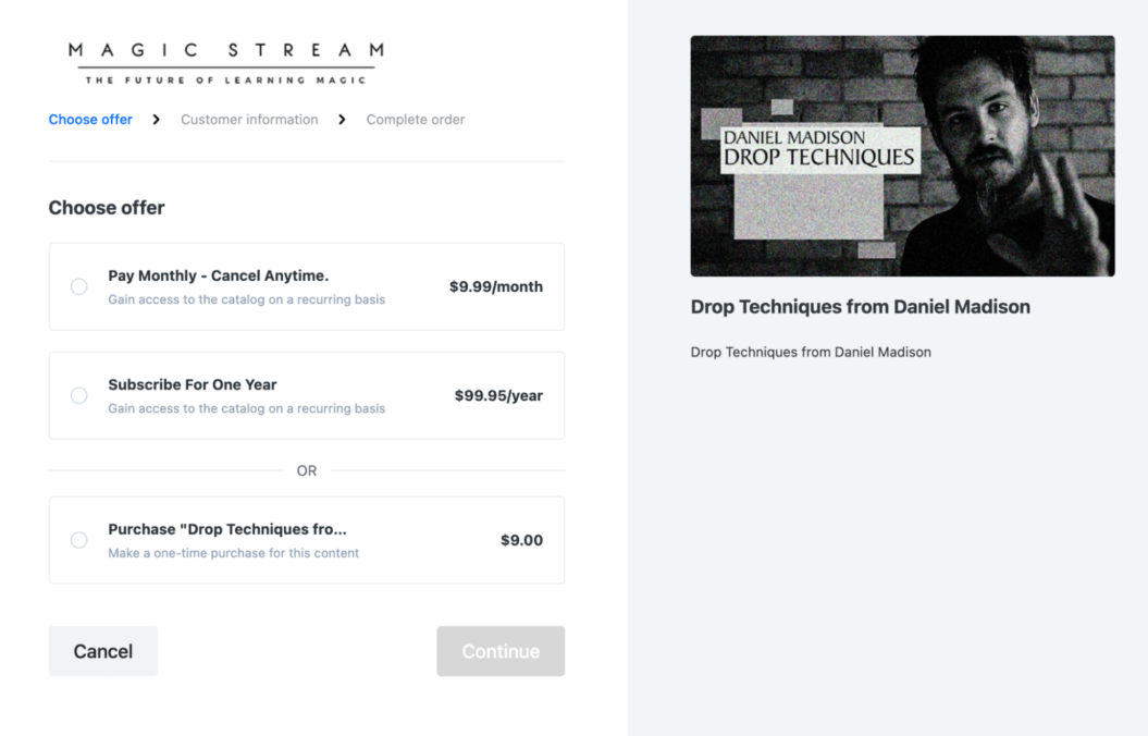 A screenshot shows Magic Stream's checkout offers for membership subscription or one-off selling of an online course.