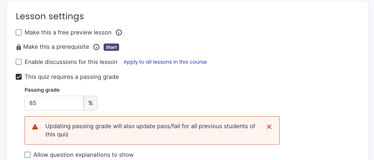 Adding a mandatory passing grade for a quiz in Thinkific
