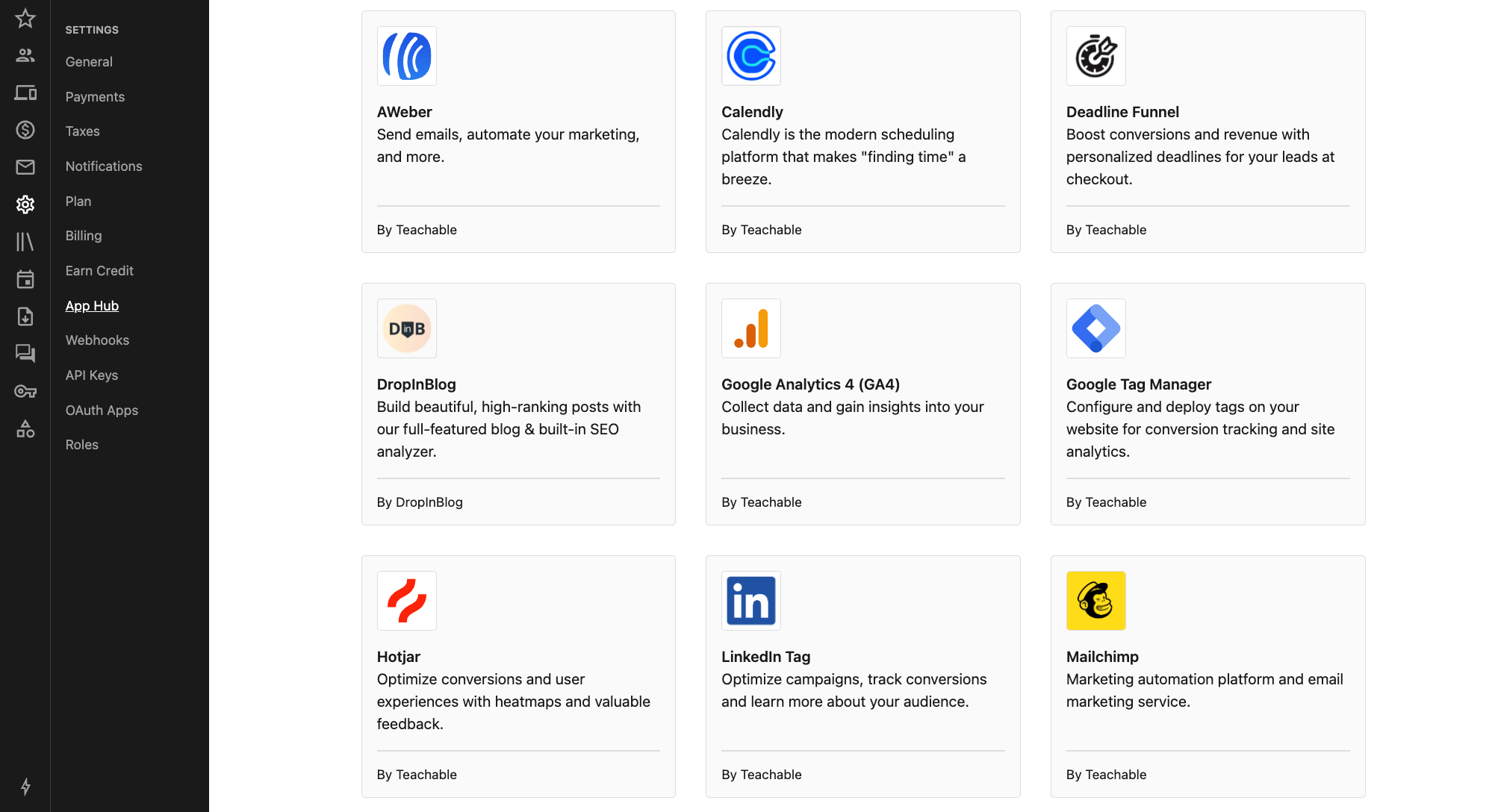 Teachable’s app hub for integrations