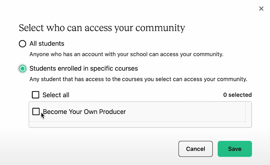 Teachable community access settings