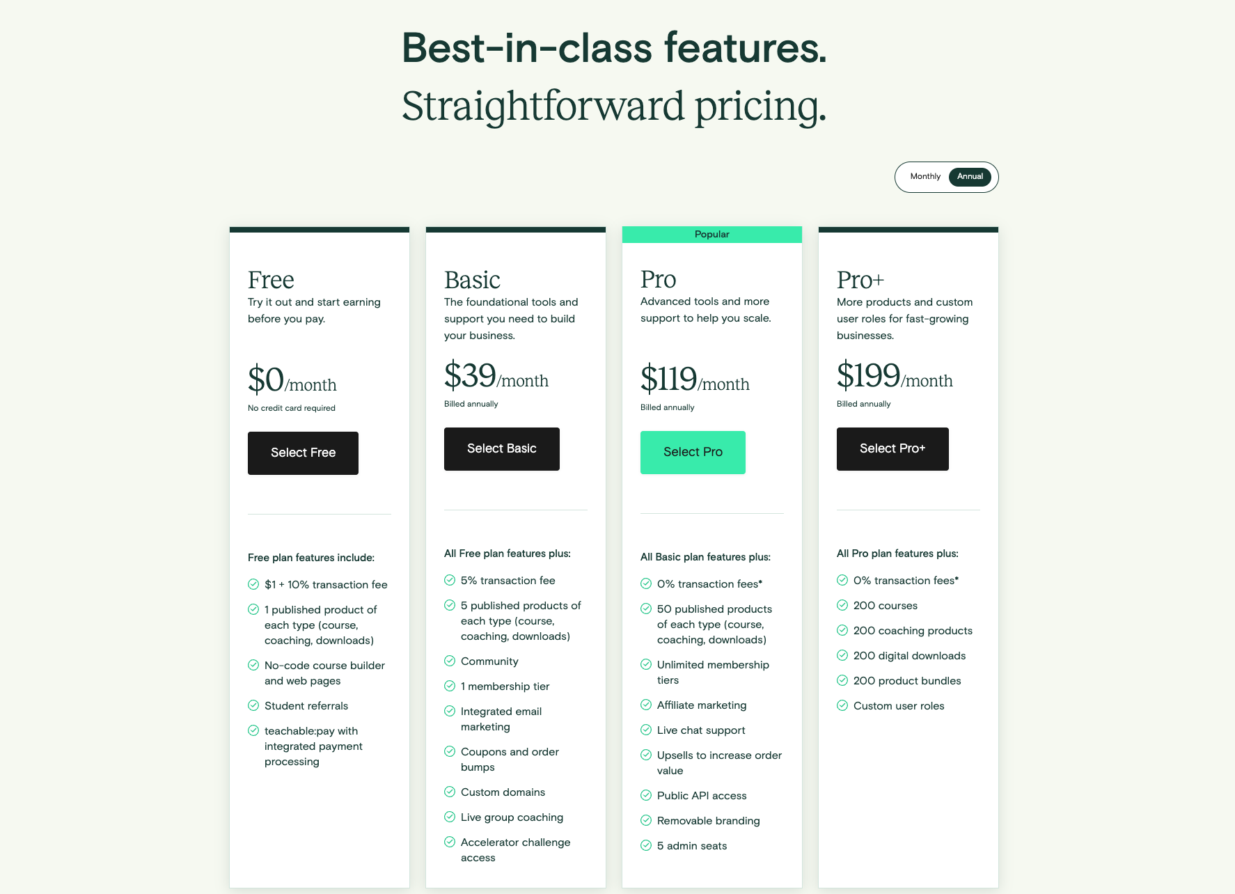 Teachable pricing tiers