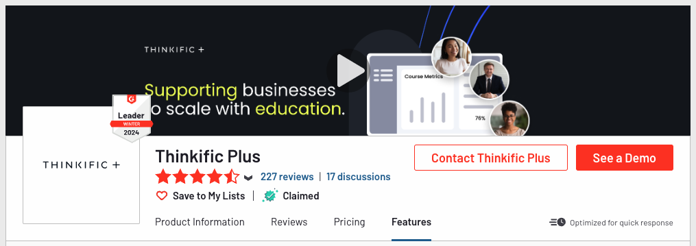 Thinkific G2 review page