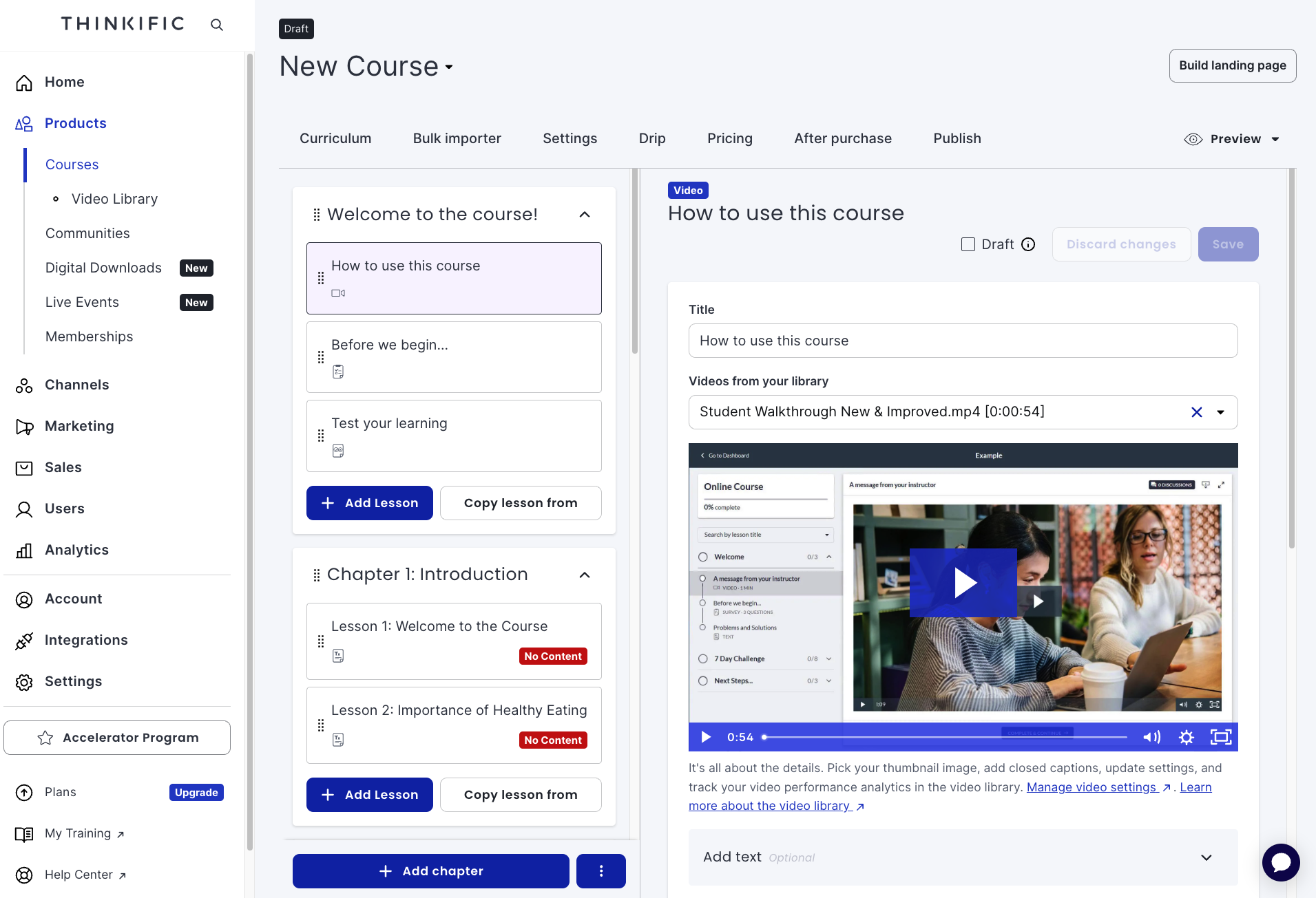 Course edit panel in Thinkific