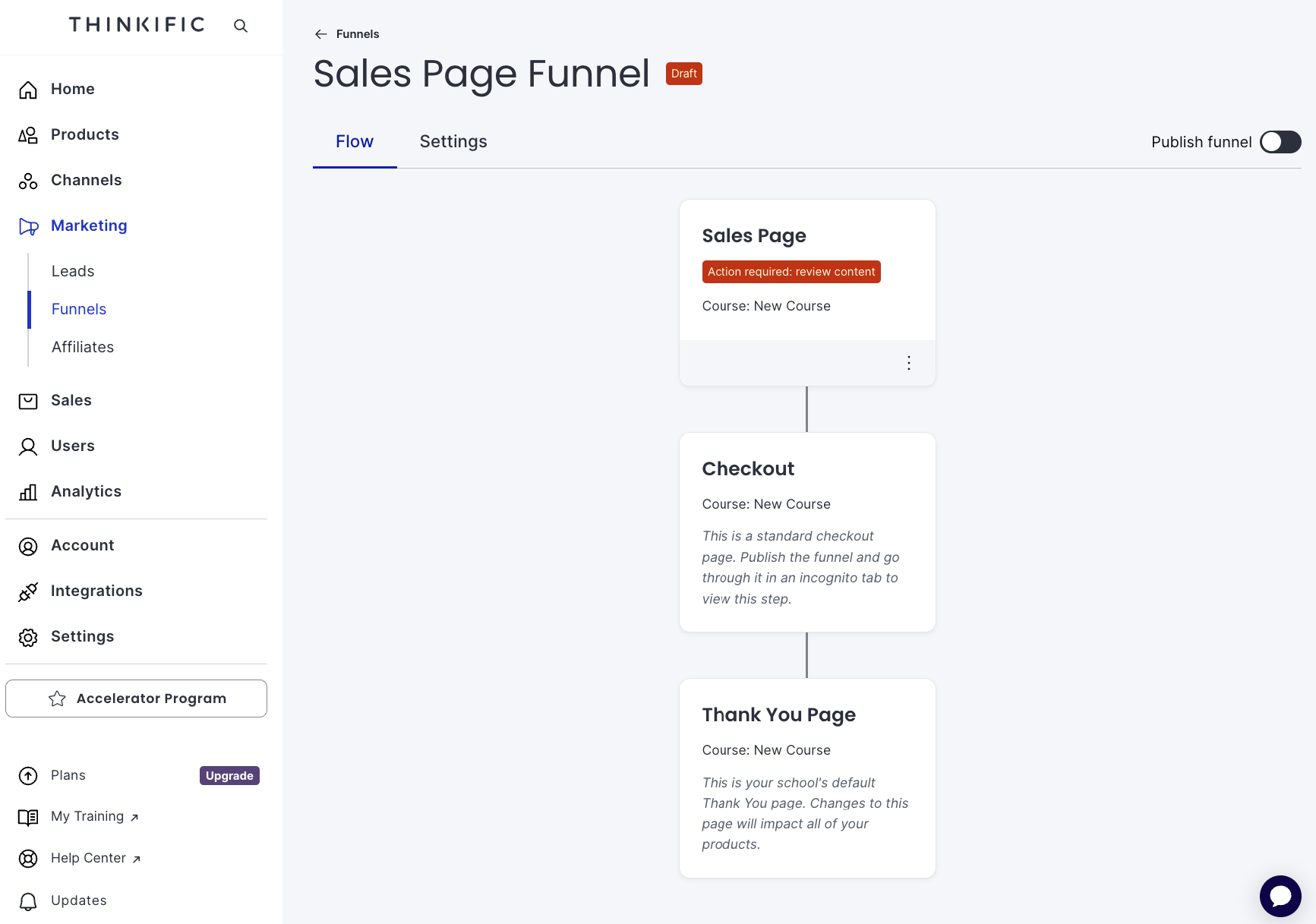 Thinkific customized sales funnel flow