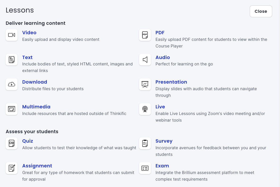 Types of content included with Thinkific