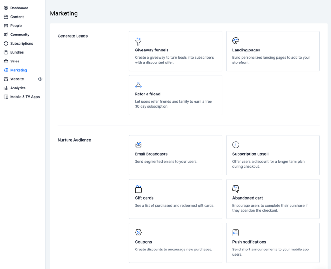 A screen of Uscreen's marketing tools ranging from giveaway funnels, landing pages, email, subscription upsells, gift cards to coupons and push notifications.