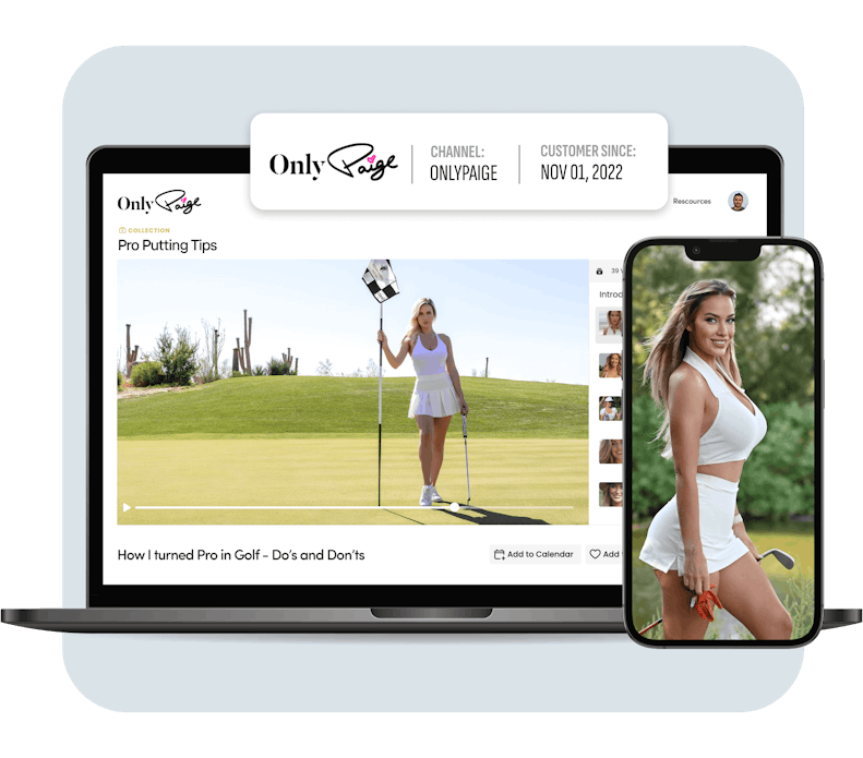 An image of OnlyPaige's membership across multiple devices. A mobile phone displaying an image of Paige Spiranac. A laptop displaying a video from her membership about "Pro Putting Tips".