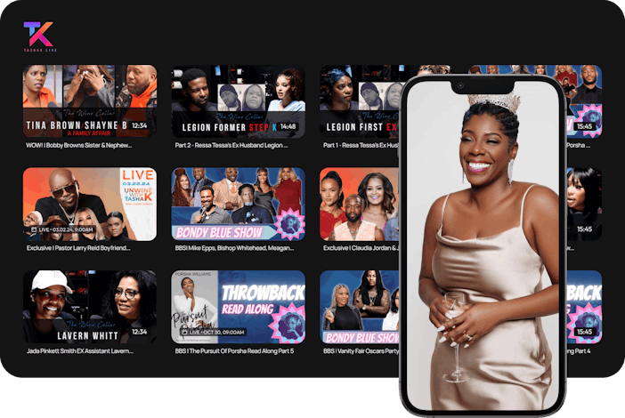 An image of Tashak Live Membership Experience. A mobile screen with Tashak. A TV screen with her Video Membership Catalog. 