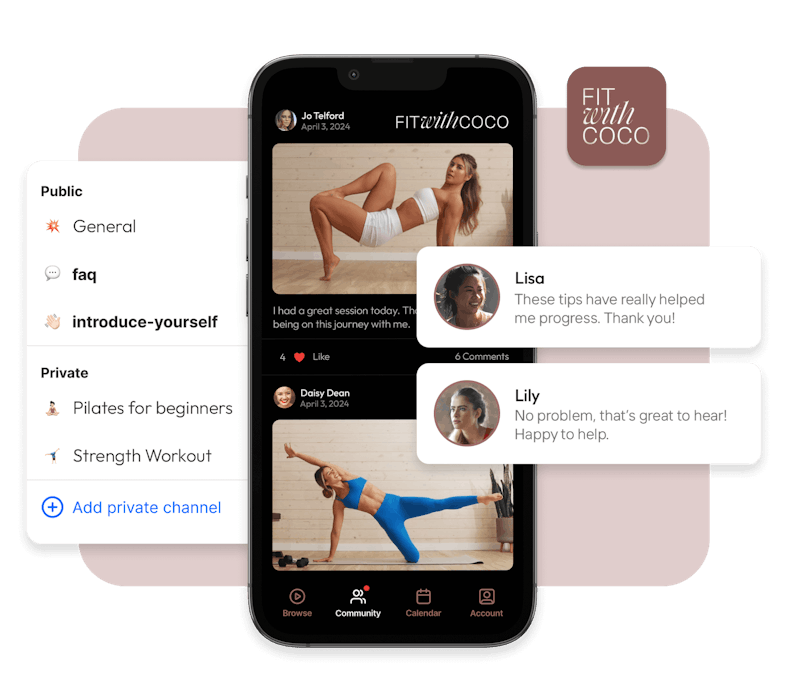 An image of Fit with Coco's Mobile App Community, specifically highlighting public and private channels and chats. 