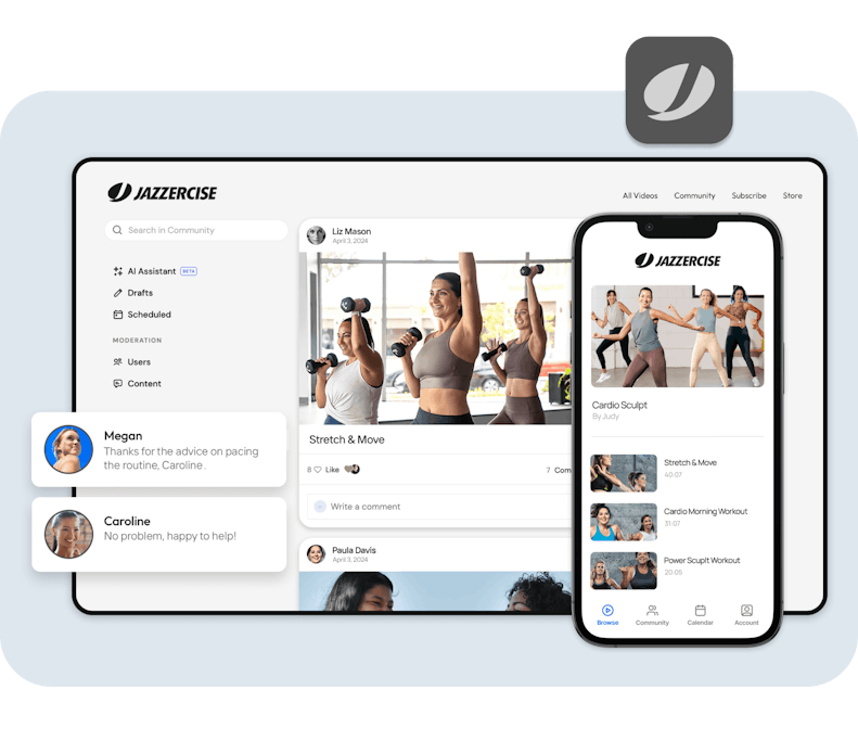 An image of Jazzercise's membership. Specifically, an image of thier mobile app experience, highlighting a video playlist, alongside a desktop view of thier membership community. 