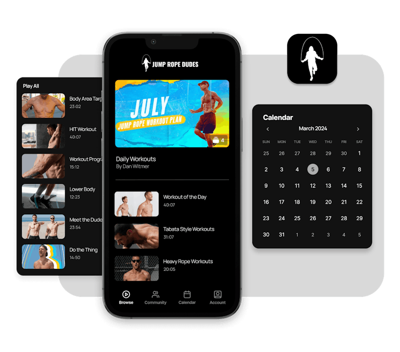 An image of Jump Rope Dudes mobile app experience, specifically a video playlist and calendar feature. 