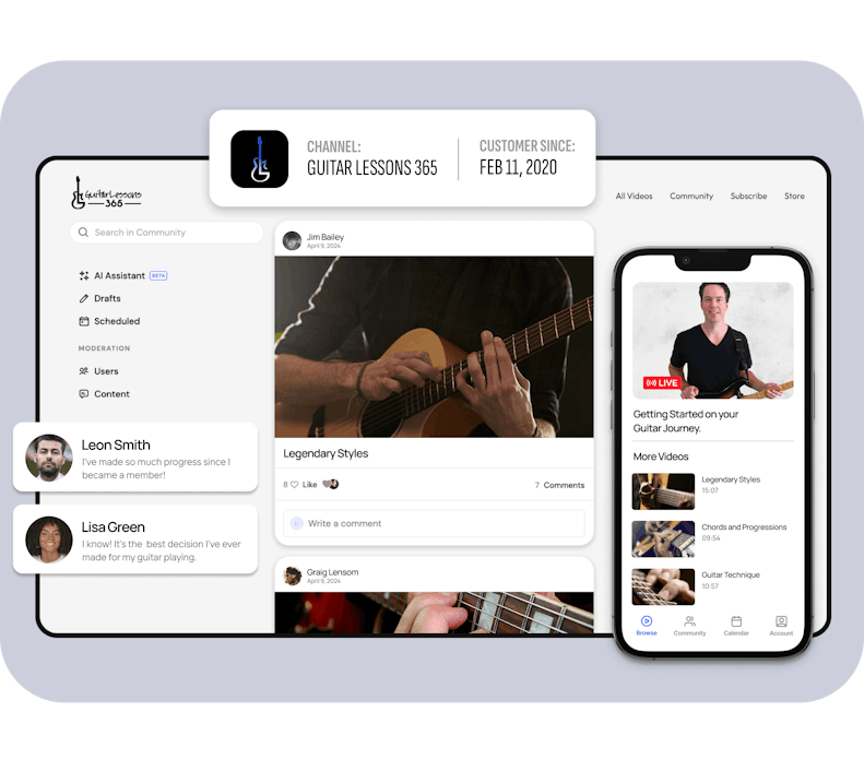 An image of Guitar 365 Membership Community experience on a tablet, along side a mobile phone with a live streaming playlist.